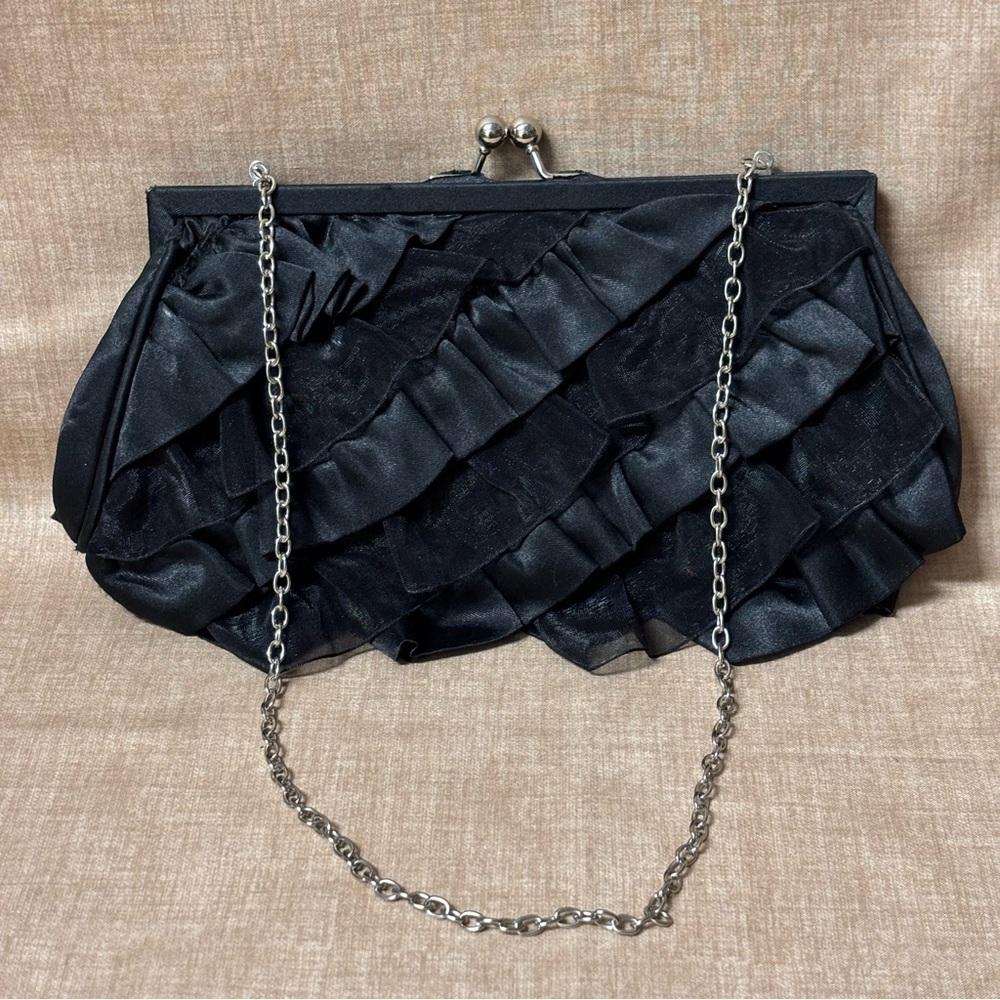White House Black Market Black Ruffle Evening Clutch Purse Shoulder Bag Satin